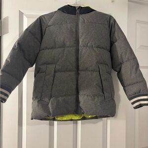 GAP Kids Gray Puffer Jacket with Striped Cuffs size large regular.